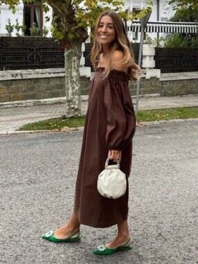 Zara Off-Shoulder Brown Maxi Dress with Balloon Sleeves